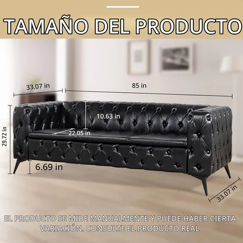 Vista 2 de Sofás negros para sala de estar, moderno sofá Chesterfield copetudo, asiento profundo, cómodo sofá de piel sintética, brazos enrollados plisados