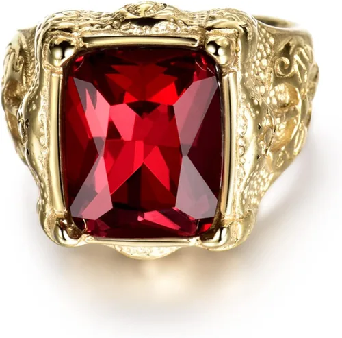 Vista 2 de MASOP Anillos de acero inoxidable grabados en tono dorado de lujo para hombre con piedra de color granate rubí rojo, tamaño 8-12, Cristal, Zirconia