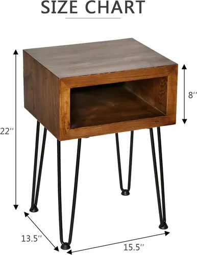 Vista 2 de WELLAND Mesita de noche de madera de pino maciza, mesa auxiliar con patas de metal, 15.5 pulgadas de largo x 13.5 pulgadas de ancho x 22 pulgadas