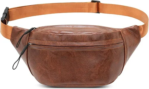 Vista 24 de Ausion Riñonera de cuero para hombres y mujeres, cangurera para senderismo, correr, viajes, múltiples bolsillos - Riñonera con cremalleras Marrón