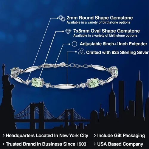 Vista 15 de Gem Stone King 925 Sterling Silver Gemstone Birthstone and White Created Sapphire Tennis Bracelet For Women Oval 7X5MM and 2MM 6 Inch + 1 Inch