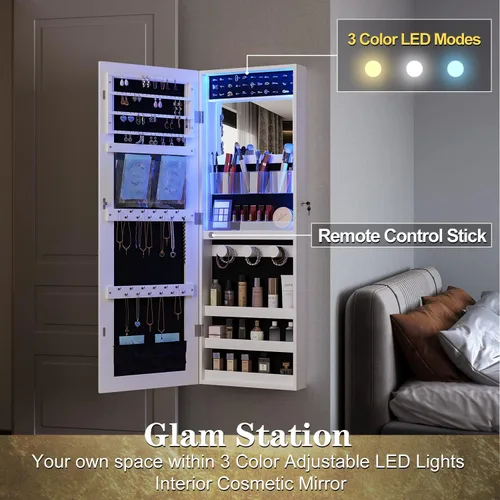 Vista 3 de Lvifur Armario de joyería con tira LED de 3 colores, regulación de color, armario de joyería montado en la paredpuerta con espejo de longitud
