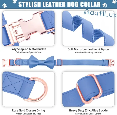 Vista 4 de Collar de cuero suave para perro, ajustable, lindo collar de pajarita [fácil de limpiar] con elegante hebilla de metal resistente de oro rosa