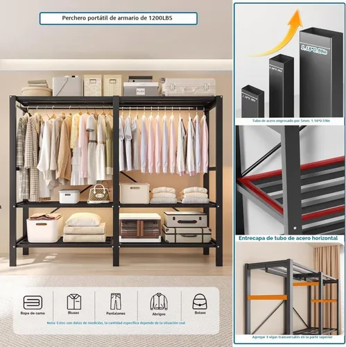 Vista 7 de Perchero cubierto resistente con puerta magnética, plegable, portátil, para colgar ropa, perchero de metal negro con ruedas (negro, 49.12 pulgadas)