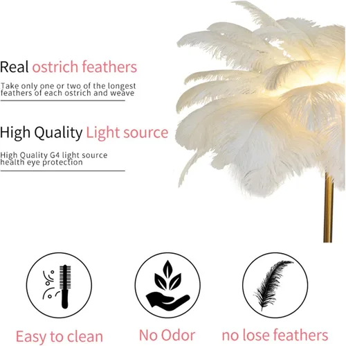 Vista 2 de Lámpara de pie moderna, pantalla de avestruz natural, lámpara de pie con luz blanca, cuerpo de lámpara dorado con cable enchufable, lámpara de pie