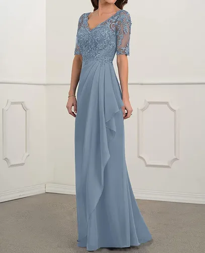 Vista 3 de Women's V-Neck Chiffon Mother of The Bride Dresses Lace Long Ruffle Prom Dress with Half Sleeve Formal Evening Party Gowns