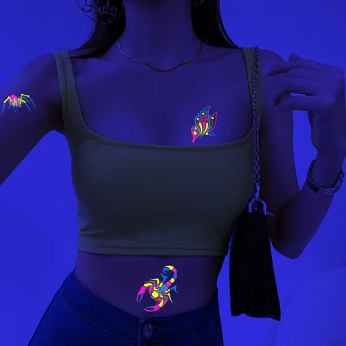 Vista 4 de Tatuajes temporales de neón que brillan en los rayos UV, calcomanías de tatuajes de neón 61 estilos de brillantina, dragón, escorpión, araña