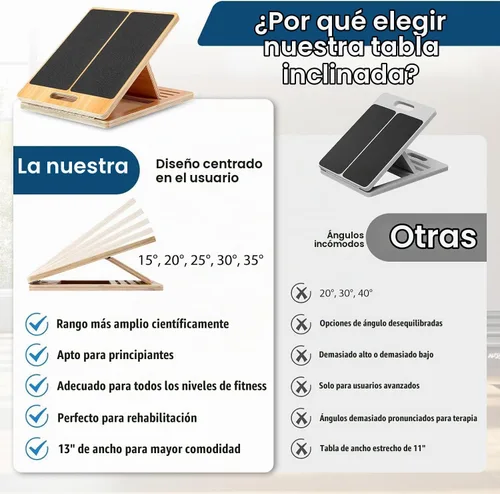 Vista 3 de StrongTek Wooden Slant Board, 13-Inch Wide, 5 Adjustable Angles 15°-35° Non-Slip Surface and Base, Beginner-Friendly Stretching, Squats, Physical