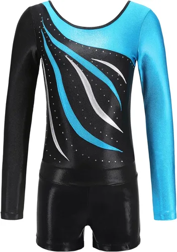 Vista 2 de MEILONGER Leotardos de gimnasia para niñas, de manga larga con pantalones cortos, trajes brillantes de una pieza para niños, colorido traje de baile