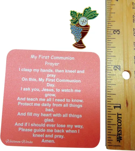 Vista 2 de Juego de pines de cáliz de primera comunión para niñas con paquete de tarjetas de oración sagrada, Metal, Sin gemas.