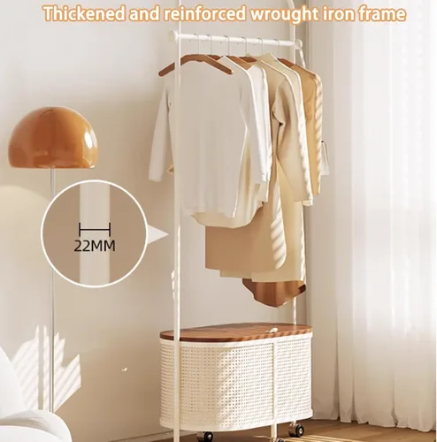 Vista 8 de Perchero giratorio de 360°, perchero de metal para ropa, con ruedas y cesta de almacenamiento de gran capacidad, perchero para colgar ropa
