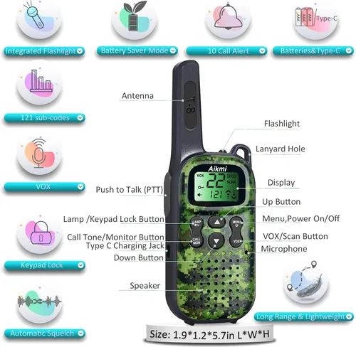 Vista 2 de Walkie Talkies para niños, juguetes, regalos para niños, radio de 2 vías de largo alcance para niños de 5 años en adelante, ideal para acampar