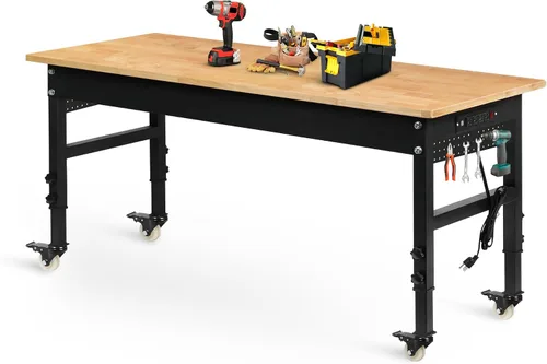Vista 22 de Betterhood Banco de trabajo de altura ajustable, estación de trabajo resistente con parte superior de madera de goma de 48 pulgadas con tomas