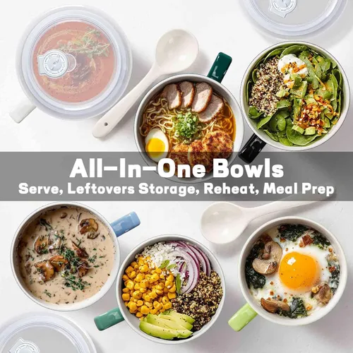 Vista 6 de Tazones de sopa con asas y cucharas, cuenco de cerámica para ramen de 30 onzas con tapa, tazas grandes para fideos instantáneos, cuencos grandes