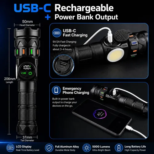 Vista 4 de Linternas recargables de alto lúmenes 5000 de larga distancia, luces LED superbrillantes con luz lateral COB pantalla LCD USB C, fuente de luz dual