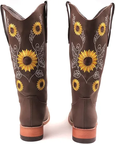 Vista 5 de SO SIMPOK Botas vaqueras bordadas con diseño de girasol dulce para mujer, estilo retro, estilo occidental, tacón grueso a media pantorrilla