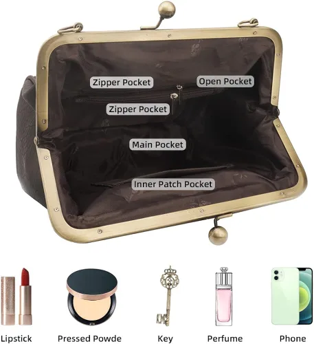 Vista 4 de ROUROU Bolso de mano hueco retro para mujer, bolso de hombro de cuero, bolso de mano de noche, cierre de beso, bolso cruzado, L