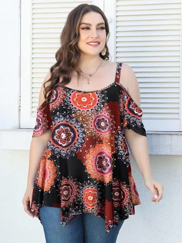 Vista 3 de LARACE Blusas de Hombros Descubiertos para Mujeres Ropa de Verano Tirantes Espagueti Túnica Camisas Holgadas Asimétricas Talla Grande Blusa