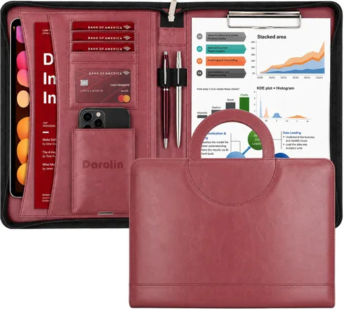 Vista 9 de Cartera Darolin de piel con cremallera, cartera con [asa oculta] y [portapapeles], cartera para conferencias de negocios, carpeta para bloc