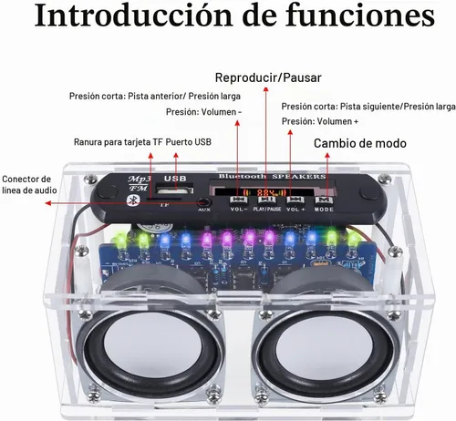 Vista 7 de Kit de altavoces compatible con Bluetooth, función de grabación, kit de práctica de soldadura de radio FM con espectro LED, soporte