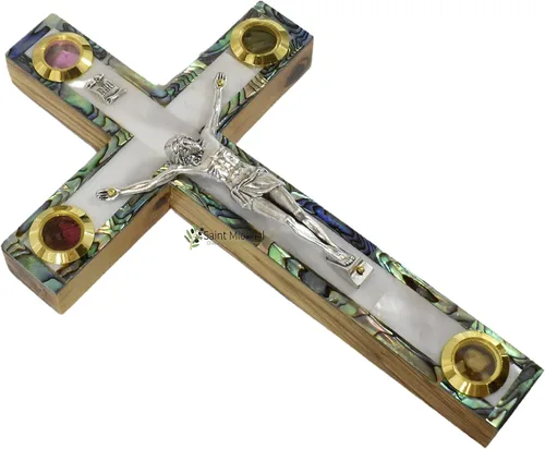 Vista 6 de Crucifijo de pared de cruz de madera de olivo cubierto con nácar con 4 reliquias sagradas, cruz de perla, crucifijo colgante de pared hecho