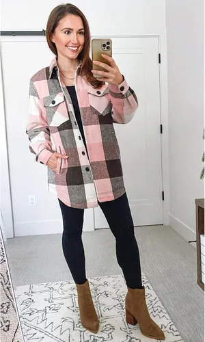 Vista 3 de GRAPENT Chaqueta acolchada con botones a cuadros de gran tamaño para mujer