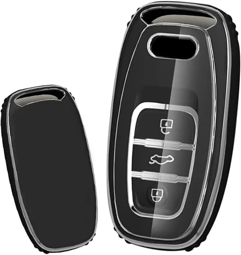 Vista 3 de ontto Funda para llavero compatible con Audi Q5 SQ5 Q3 Q7 Q8 A3 A4 A5 A6 A7 llavero remoto sin llave, carcasa brillante con borde plateado negro