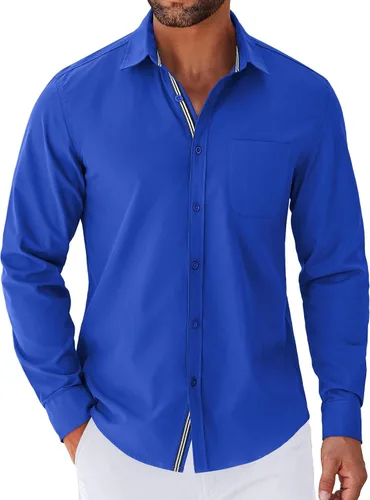 Vista 8 de COOFANDY Camisa para hombre de manga larga casual con botones, camisas sin doblar para hombre de ajuste regular