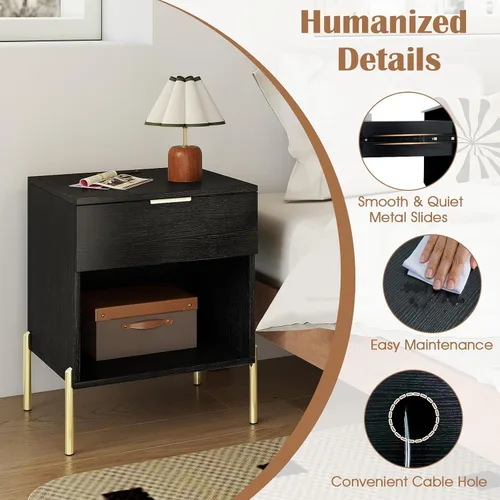 Vista 7 de Giantex Nightstand with Charging Station, Mid Century Modern Bedside Table with Storage Drawer & Open Compartment, End Table w/Wood Grain & Metal