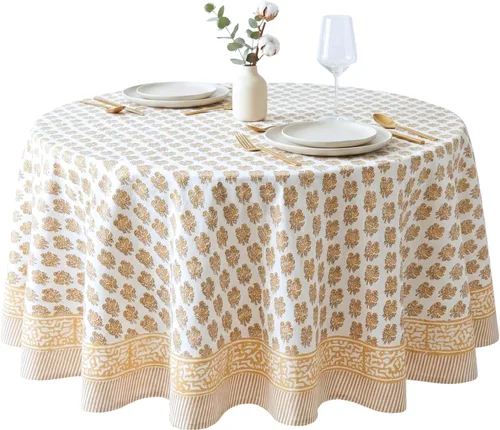 Vista 51 de ATOSII Amalfi - Mantel redondo de verano 100% algodón, estampado en bloques, para comedor, bodas, exteriores, fiestas, I Grand Millenial Farmhouse