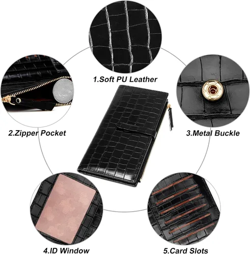 Vista 5 de YOUBDM Billeteras delgadas para mujer, tarjetero RFID plegable con bolsillo con cremallera, Negro 1