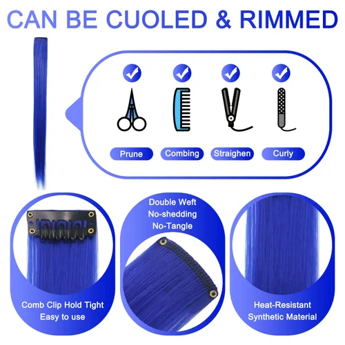 Vista 4 de 12 extensiones de cabello azul con clip en reflejos de 20 pulgadas, extensiones de cabello lacio de color liso con clip para mujer, peluca arcoíris