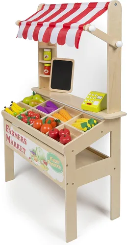 Vista 6 de Juguete de Puesto de Mercado de Agricultores de Madera - Más de 30 Piezas de Comida Incluyen Frutas, Verduras, Pizarra y Caja Registradora - Juego