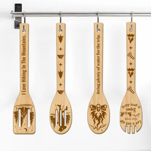 Vista 5 de GLOBLELAND Juego de 6 cucharas de cocina de bambú para acampar, juego de cucharas de cocina grabadas de madera, espátula de bambú para mujeres