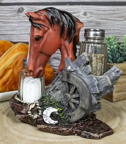 Vista 9 de Ebros Country - Juego de figuras de caballo de semental marrón castaño occidental por Farm Wagon Wheel Lasso Herraduras Salero y Pimentero Estatua