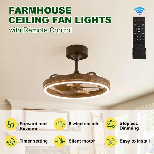 Vista 3 de Farmhouse Fandelier Retro Ceiling Fan with Light, 20" Rustic Brown Dimmable LED Chandelier Ceiling Fans, Low Profile Smart Bladeless Ceiling Fan