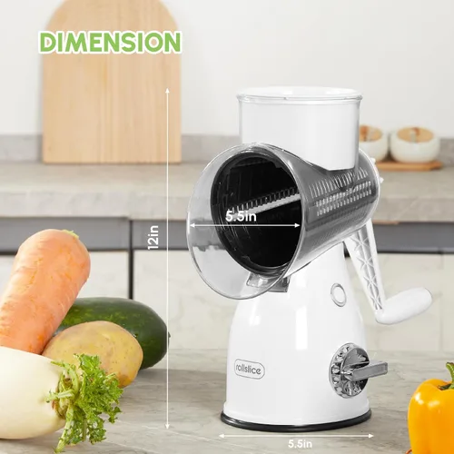 Vista 8 de Rallador rotativo de queso con asa, cortador de verduras y triturador de queso con 5 cuchillas de acero inoxidable, base de succión fuerte y caja