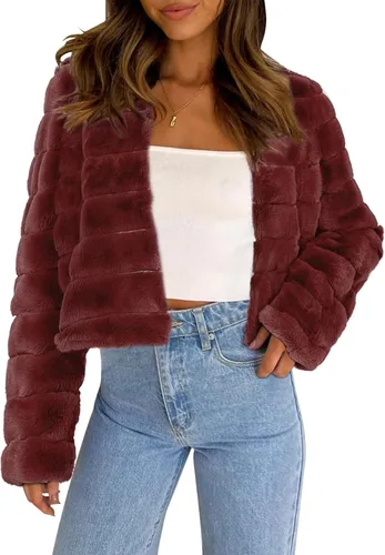 Vista 14 de Allegra K Abrigo chaqueta de piel sintética para mujer de manga larga recortado esponjoso sin cuello casual cálido de invierno ropa exterior