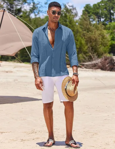 Vista 3 de COOFANDY Camisas de guayabera cubana para hombre, de manga larga, informal, con botones, de algodón, para la playa