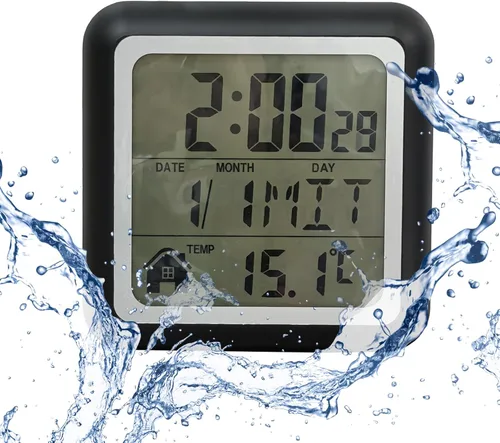 Vista 10 de Reloj de pared impermeable para baño, reloj de pared negro para interiores con ventosa, movimiento de cuarzo, marco de plástico, opción flexible