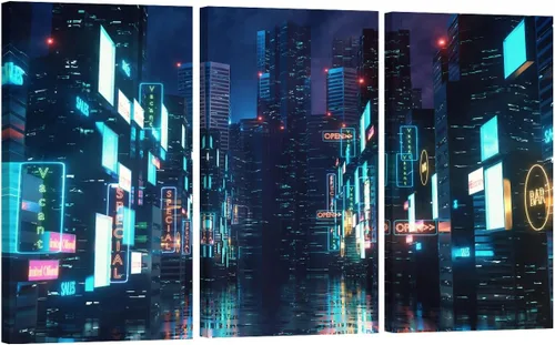 Vista 24 de Lienzo decorativo para pared, diseño de ciudad futurista Cyberpunk para sala de estar, impresión multipanel, obra de arte de cocina, pintura