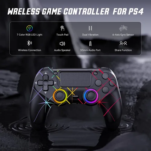 Vista 2 de GamingBoy 2 Pack Wireless Controller for PS4, Light-up RGB Remote Control for Ps4/PC with Hall Effect Joystick/1000mAh Battery/Type-C/Dual
