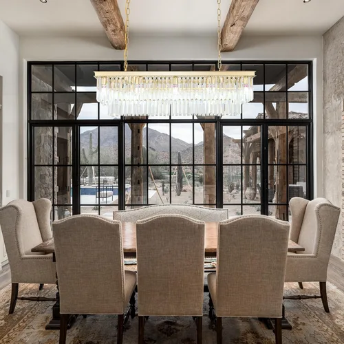 Vista 6 de Candelabro rectangular dorado de 40 pulgadas, 10 luces, iluminación colgante de cristal de lujo para comedor, isla de cocina y bar, altura