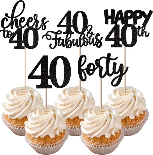 Vista 20 de Rsstarxi Paquete de 30 adornos para cupcakes de 6º cumpleaños con purpurina negra de seis Hello 6 para cupcakes Cheers to 6 años de edad