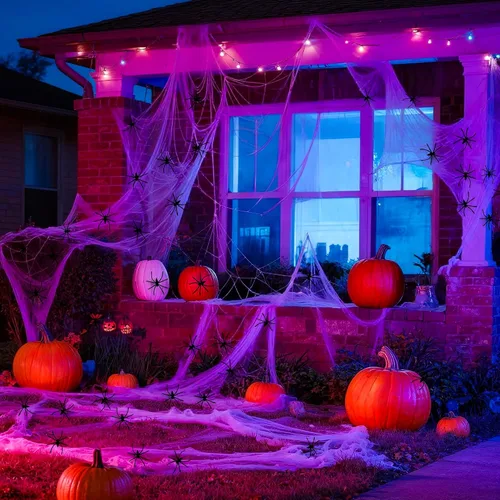 Vista 2 de Telarañas de 900 pies cuadrados para decoración de Halloween con 100 arañas falsas, telarañas súper elásticas para decoraciones de Halloween