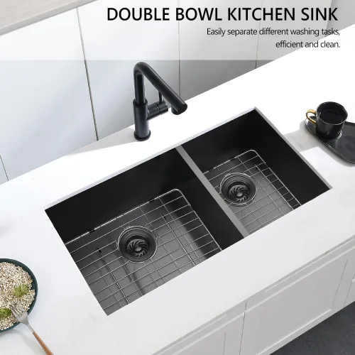 Vista 3 de Fregadero de cocina negro de 33 x 17 pulgadas con doble tazón, 33 x 17 x 9 pulgadas, calibre 16, acero inoxidable negro, montaje inferior
