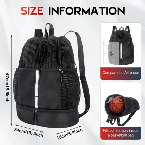 Vista 3 de Mochila deportiva con cordón Bolsas de malla para playa y gimnasio para hombres y hombres con compartimento para zapatos, ligera, Negro -, 30 L