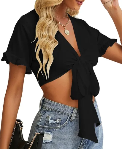 Vista 3 de LYANER Blusa corta de manga corta con cuello en V profundo y nudo frontal para mujer
