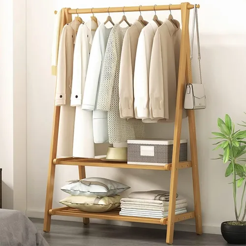 Vista 2 de Perchero de madera de bambú, con estantes de almacenamiento, estante para colgar ropa, para entrada, sala de estar, dormitorio