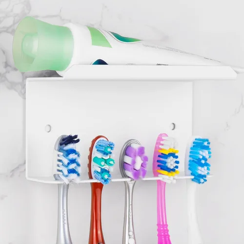 Vista 7 de Linkidea - Soporte para cepillos de dientes montado en la pared para ducha, autoadhesivo con 5 ranuras para cepillos y pasta de dientes, compatible